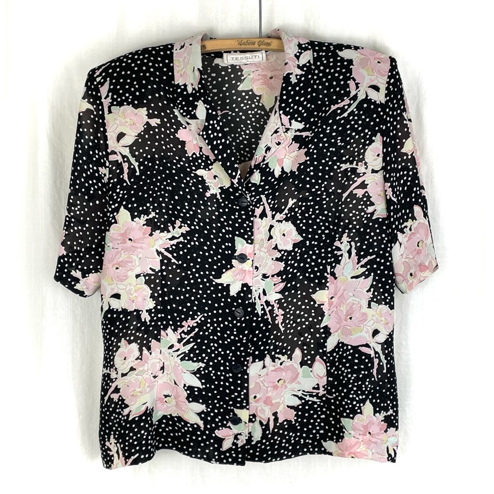Vintage TESSUTI Floral Print Blouse short sleeve black pastels polka dots 90s